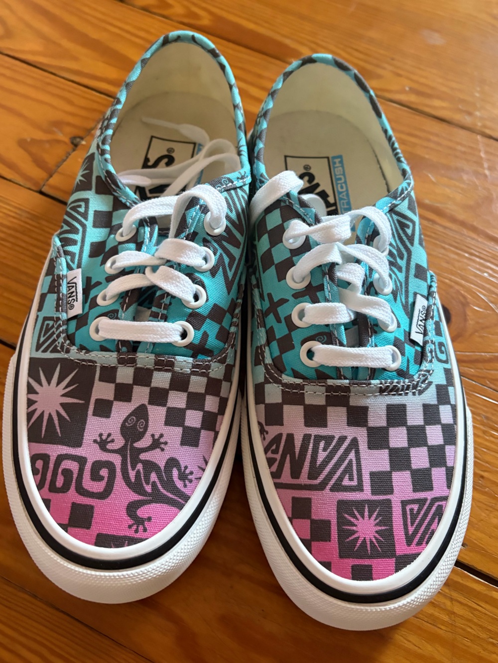 Vans Women's Checkerboard Graphic Sneakers in Teal & Pink